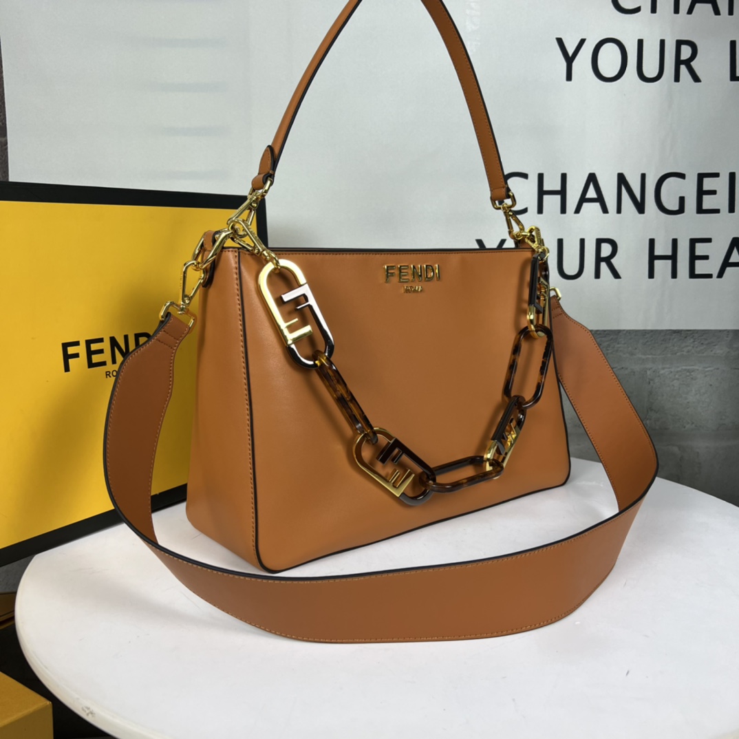 TOP FENDI Metal Cowhide Chain Bag 35x23x14cm - Brown&GHW