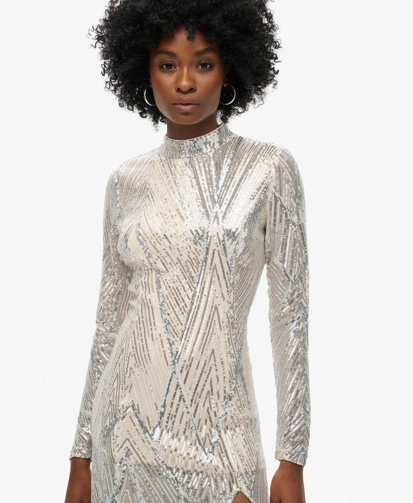 Open Back Chevron Midi Dress | Silver Sequin