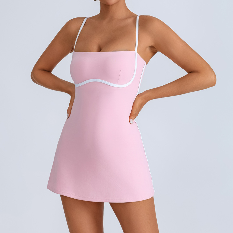 Women's yoga one-piece dress with color blocking, built-in chest pads, anti-exposure leggings, suitable for sports, fitness, training, and tennis