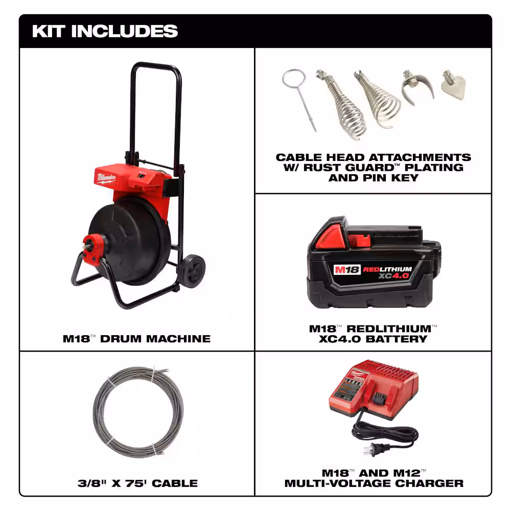 M18 18V Lithium-Ion 3/8 in. x 75 ft. Cable Cordless Drain Cleaning Drum Machine Kit