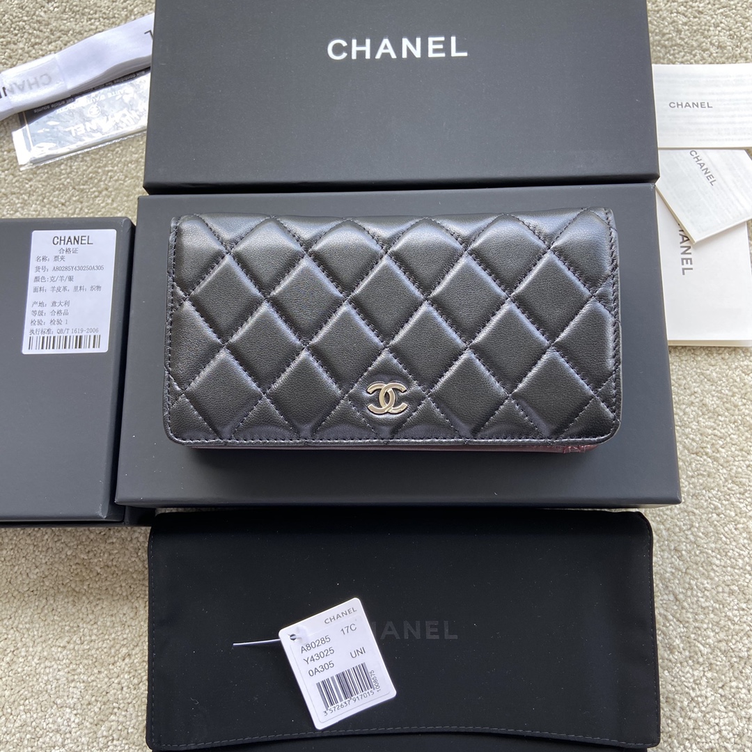 TOP CHANEL Wallet Lambskin 18.5×10×2.5cm - Black & GHW/SHW