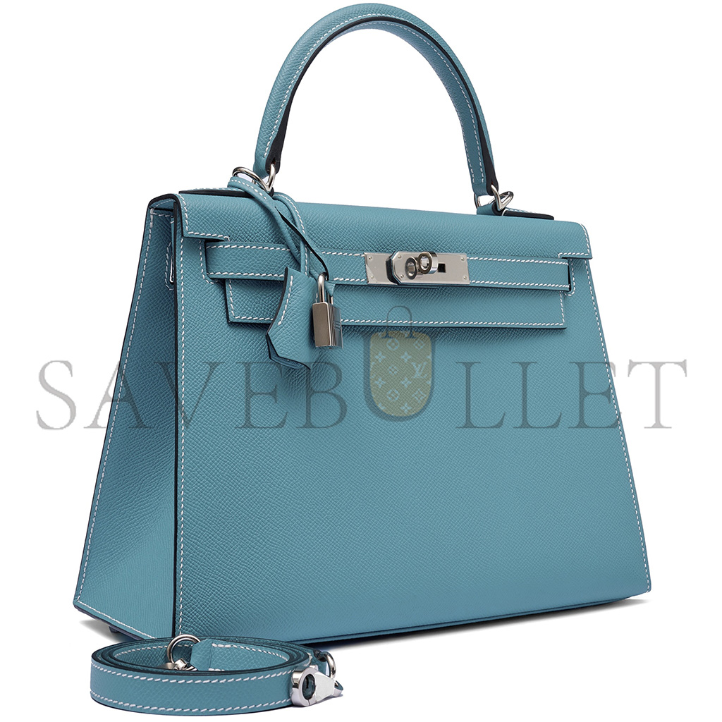 HERMÈS BLEU JEAN EPSOM KELLY 25 SELLIER PALLADIUM HARDWARE (25*17*7cm)