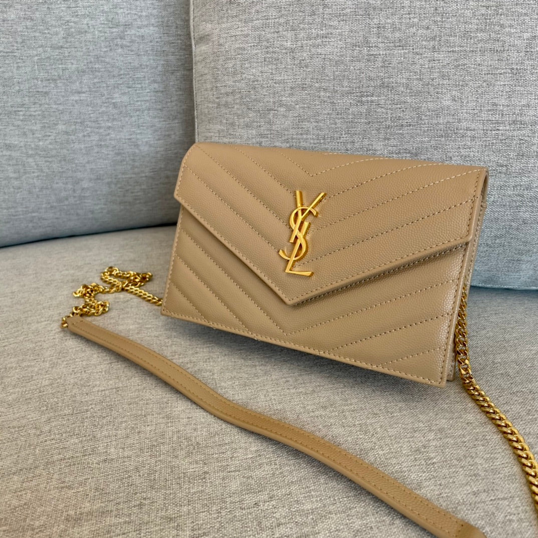 TOP Yves Saint Laurent YSL Envelope Chain Wallet Grain Leather - Beige
