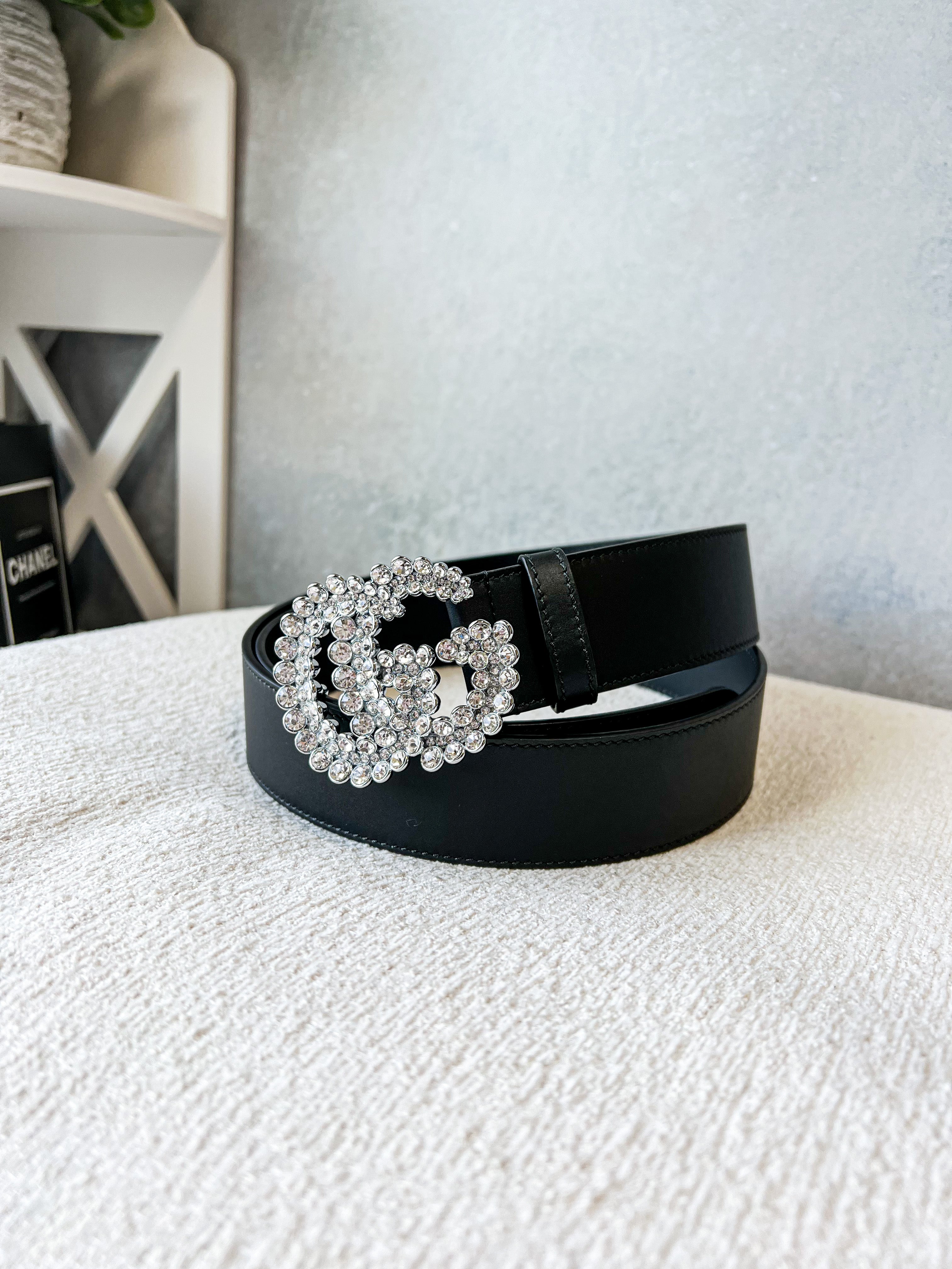 TOP GUCCI G*G Crystal Face Belt - Black