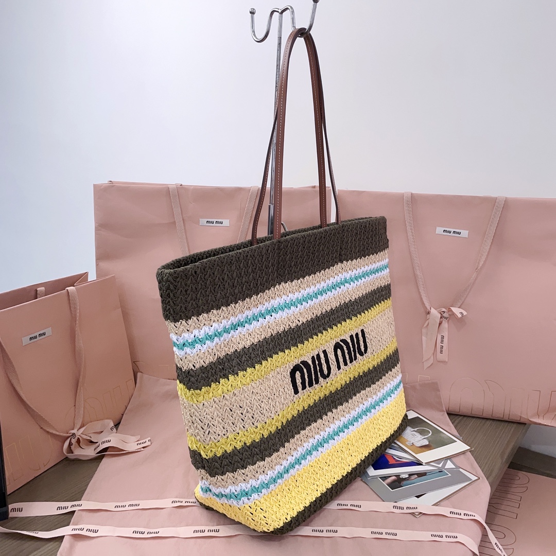 TOP Miu Miu Raffia Straw  Tote Bag 40 X 34 X 16 CM - Brown and Blue and White