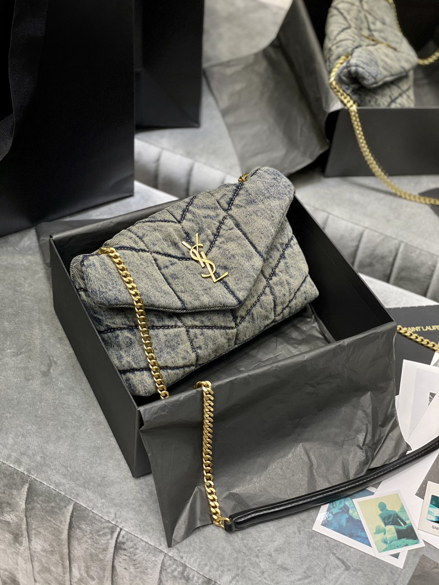TOP Yves Saint Laurent YSL LouLou Bag 23/29cm - Denim Blue - Black Shoulder Strap