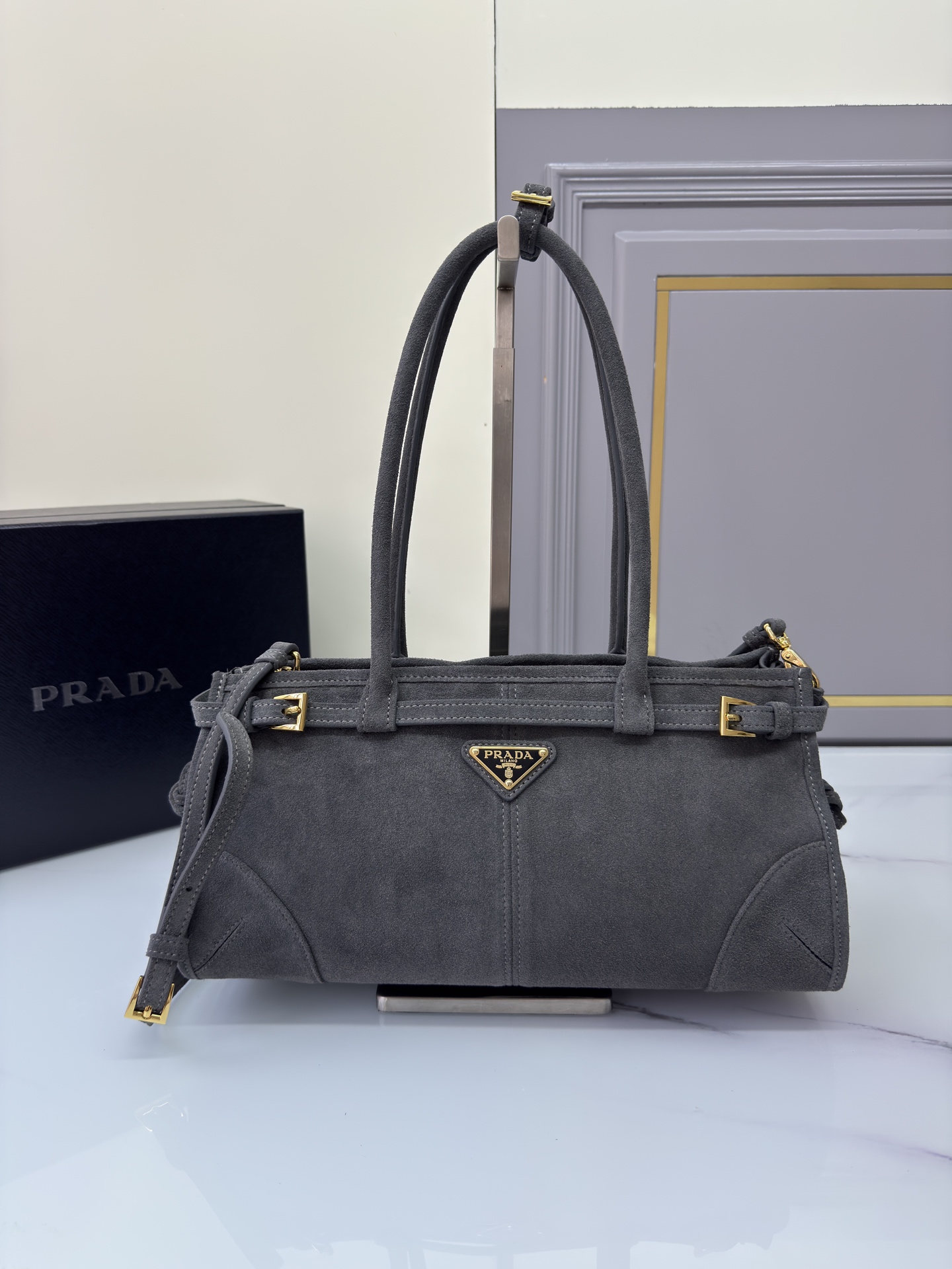 TOP PRADA LusSolf Bag Suede 32x15.5x12cm - Gray