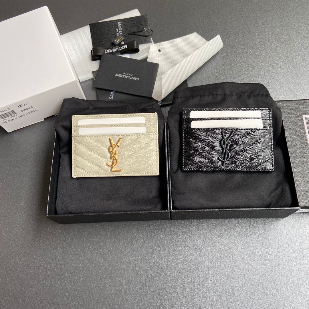 TOP Yves Saint Laurent YSL Calfskin Matelasse Card Holder 10.5x7.5cm - Black/Beige & SHW/GHW