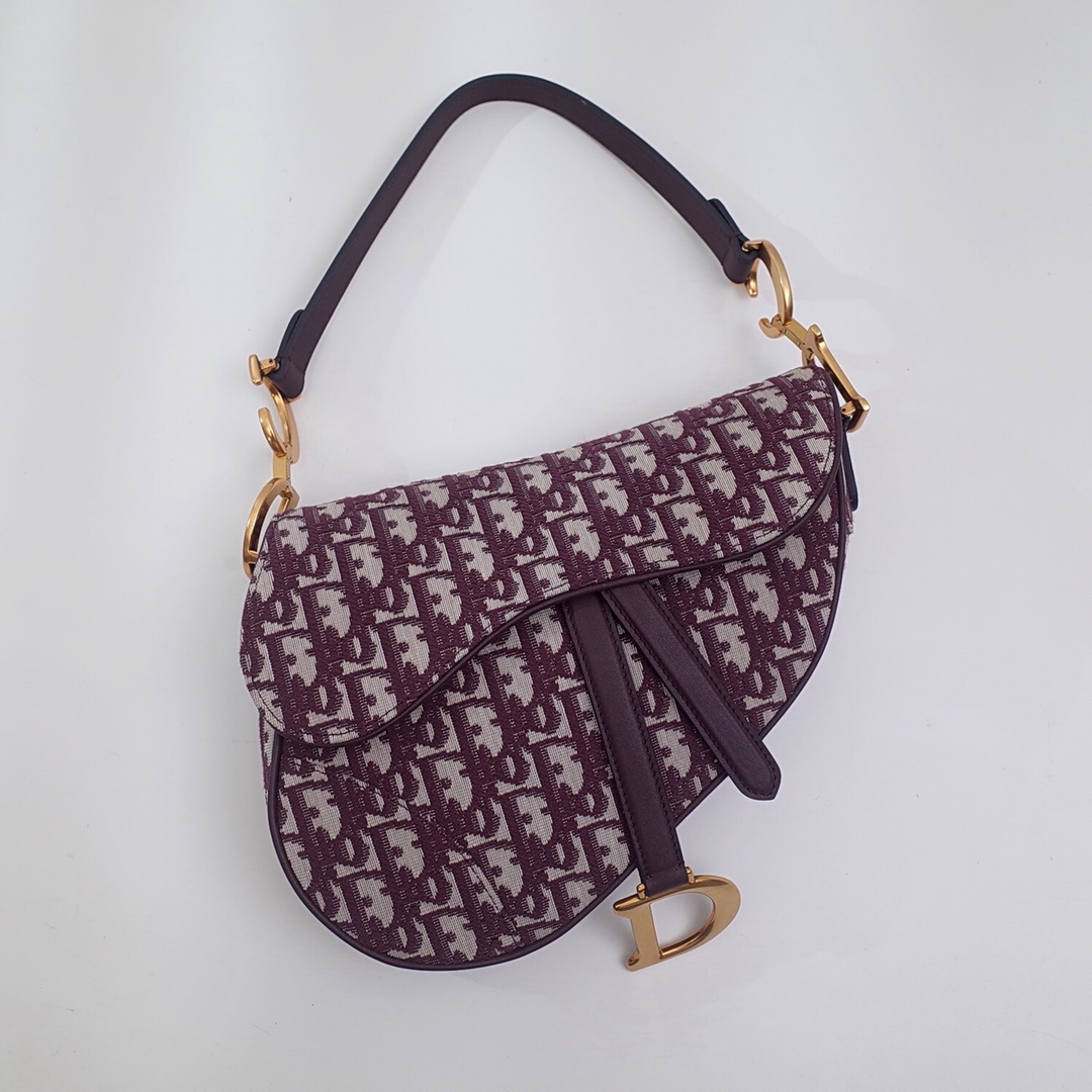 TOP Christian Dior Canvas Saddle Bags 21cm/25.5cm - Wine Red&GHW