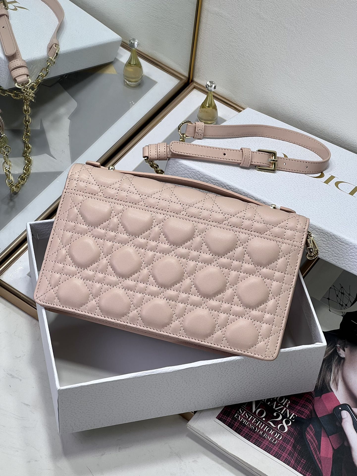 TOP Christian Dior Lambskin Leather Rattan Plaid Handbags 24x14x7.5cm - Light Pink