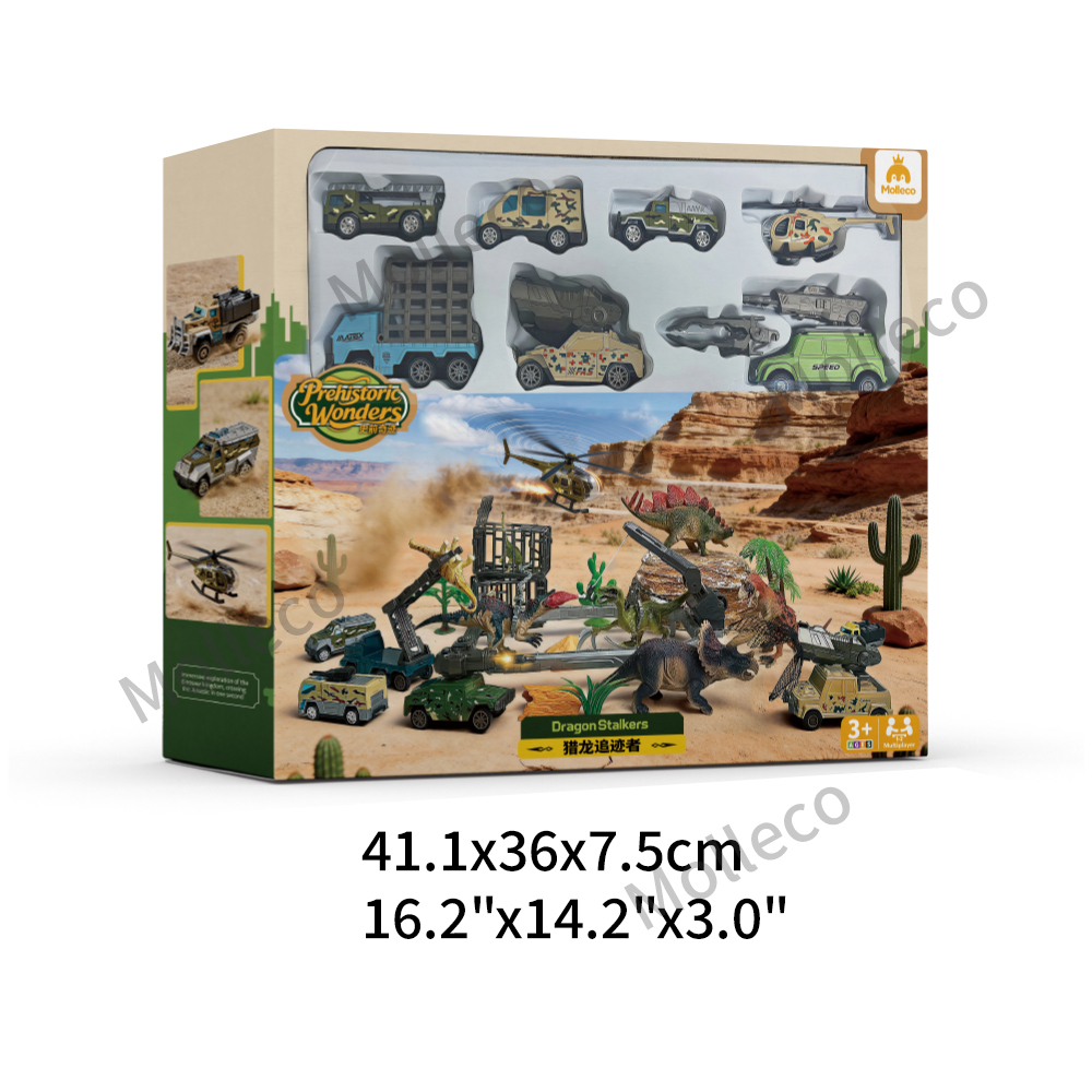 Molleco Dinosaur Figure Toys Set for Kids and Childre ST085 11 Dinosaurs + 6 Cars + Helicopter + Dinosaur Colosseum + Props