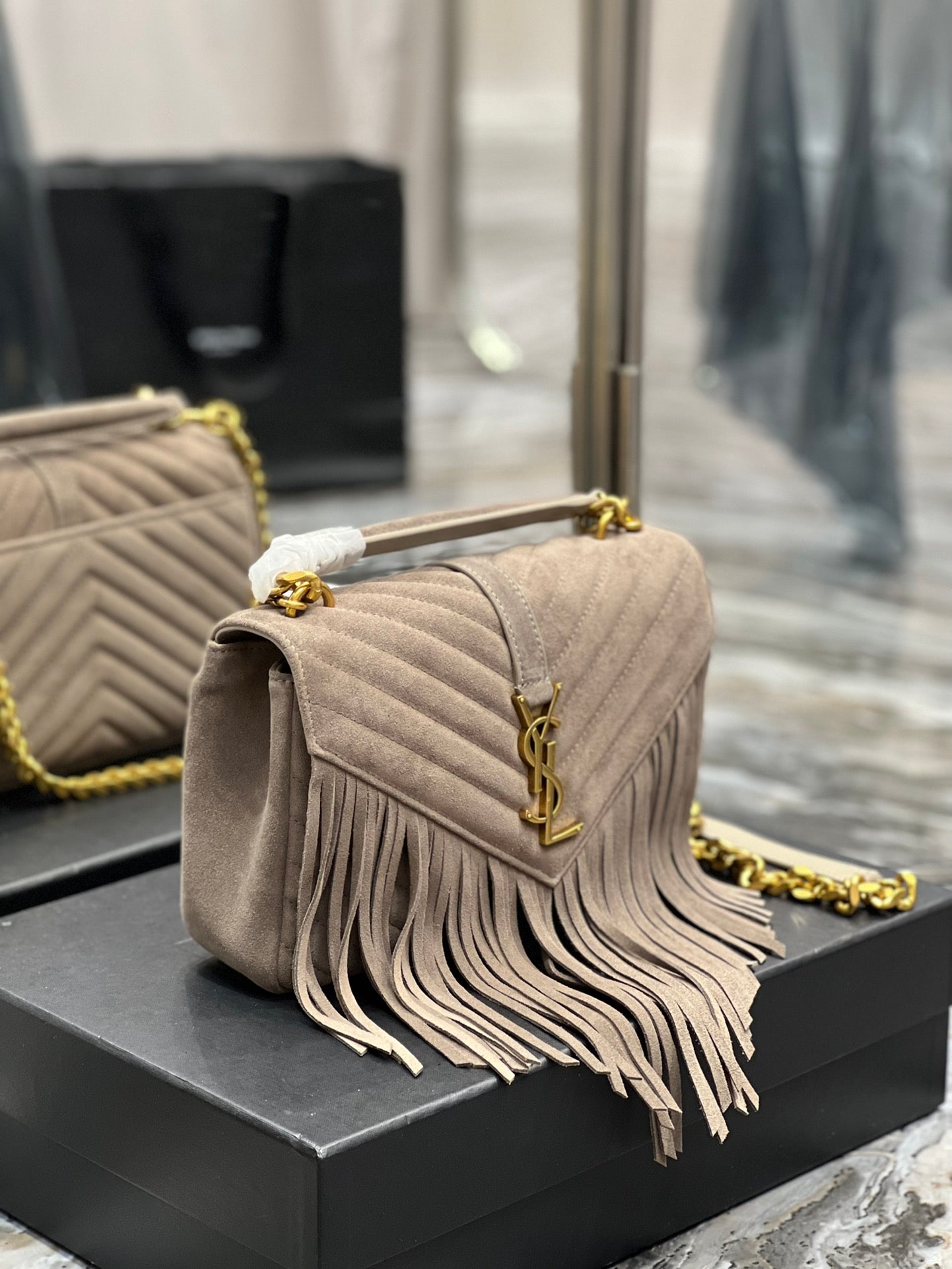 TOP Yves Saint Laurent YSL College Fringe Suede Small Bag - Dusty Grey GHW