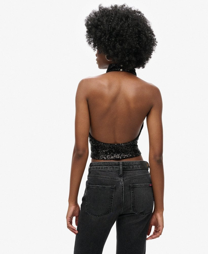 Halter Neck Sequin Top | Black Plain Sequin