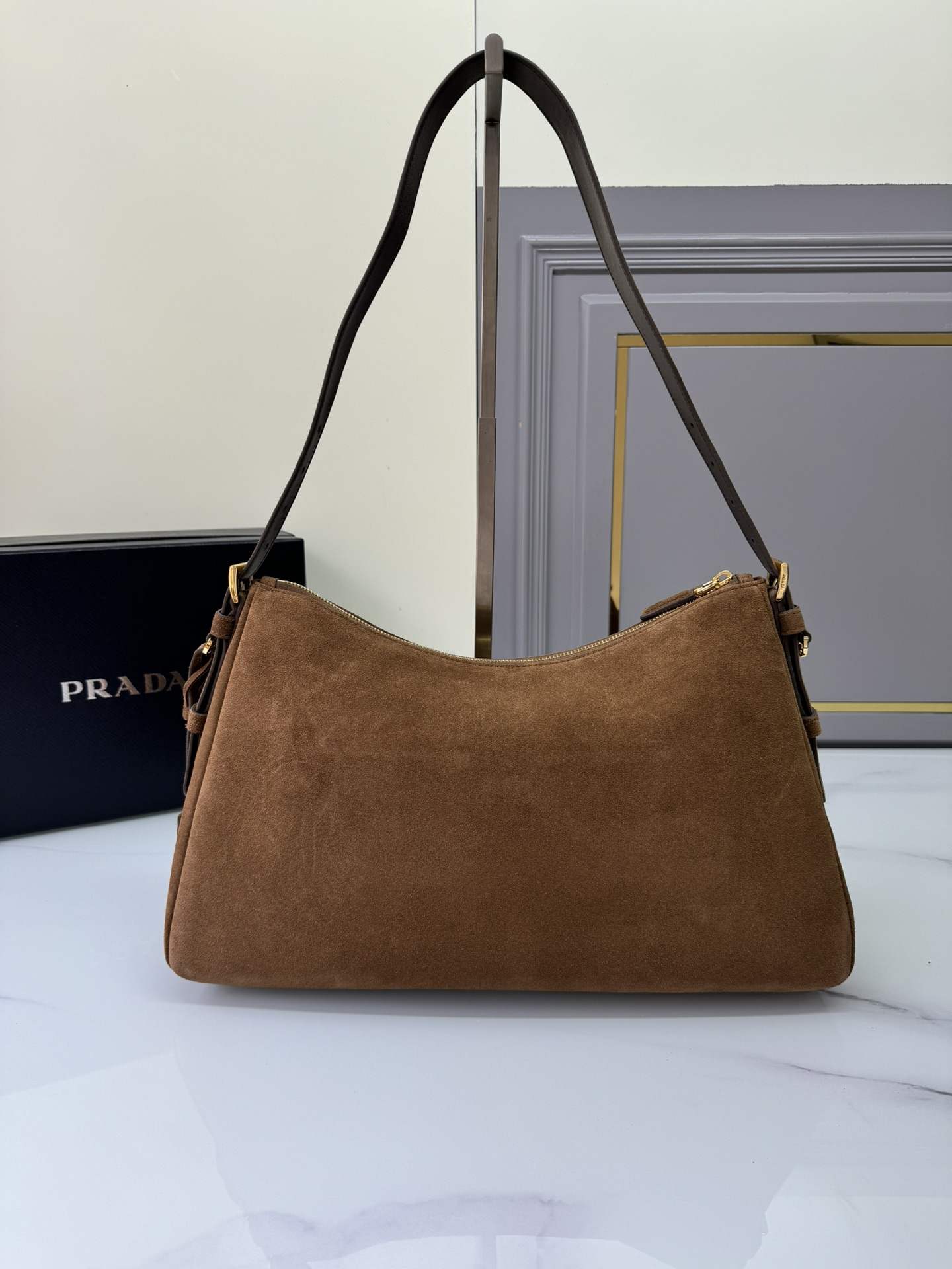 TOP PRADA Suede Calfskin Hobo Bag 39x24x11.5cm - Brown
