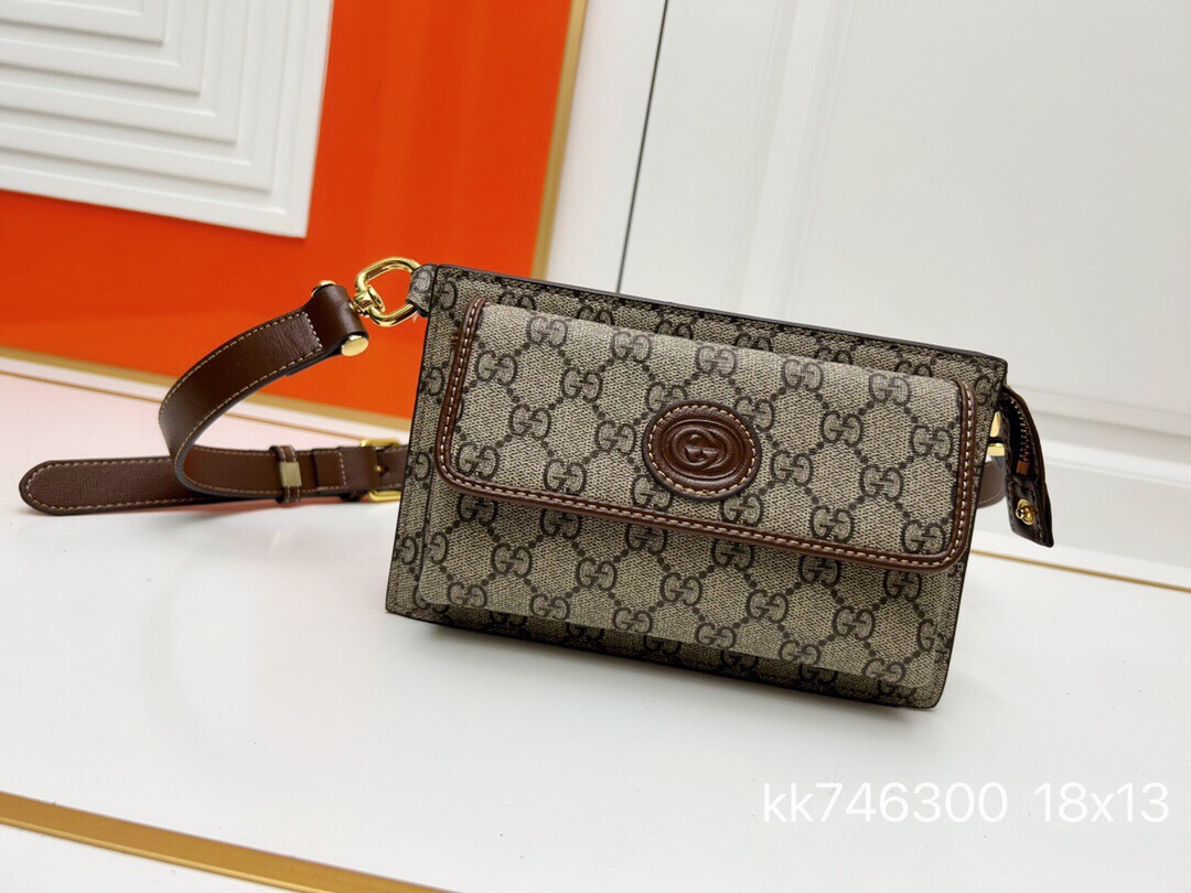 TOP GUCCI Interlocking Double G Logo GG Waist Pack - 18x13x5CM - Brown