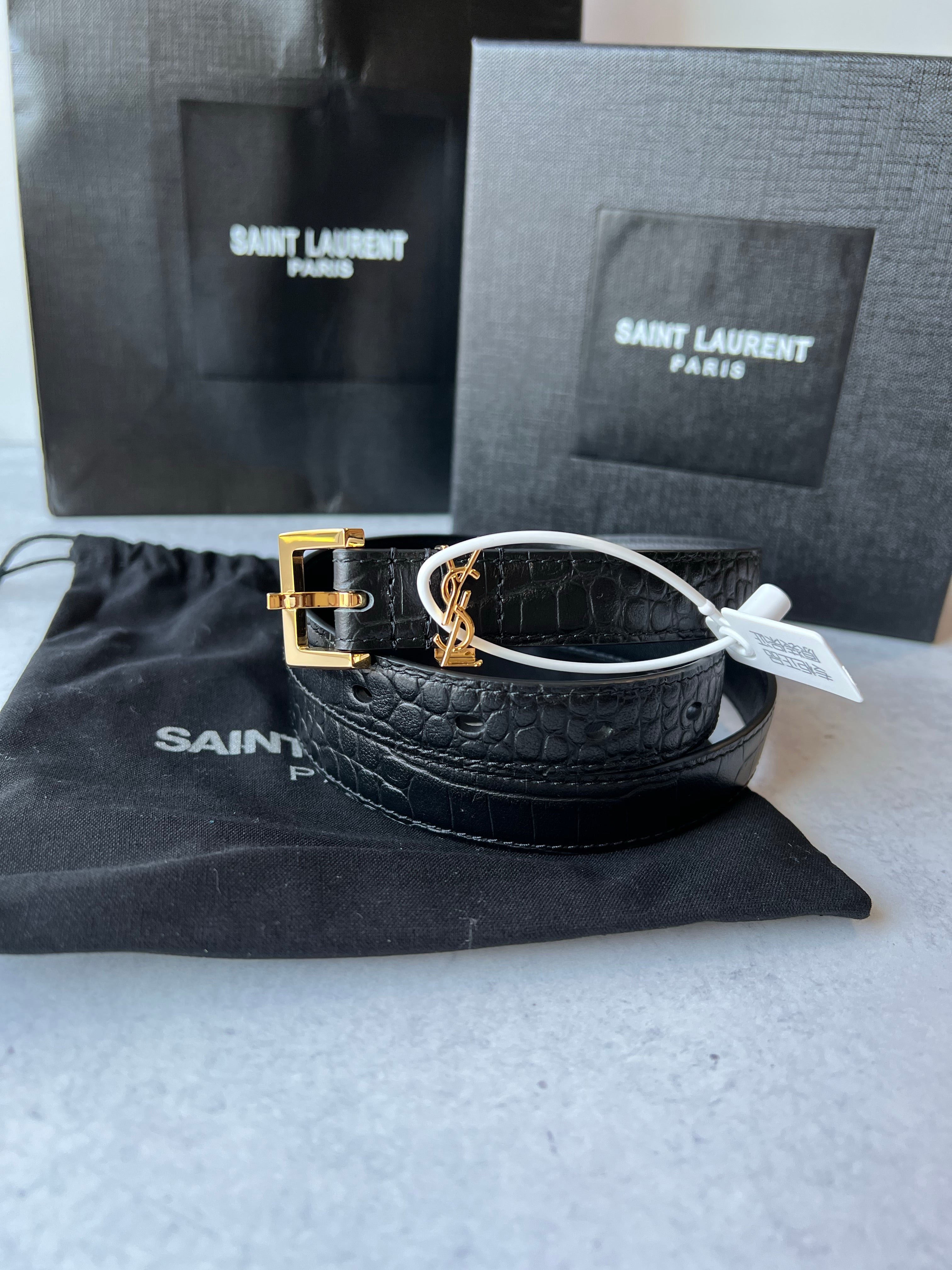 TOP Yves Saint Laurent YSL Monogram Logo Croc Thin Belt - Black w GHW