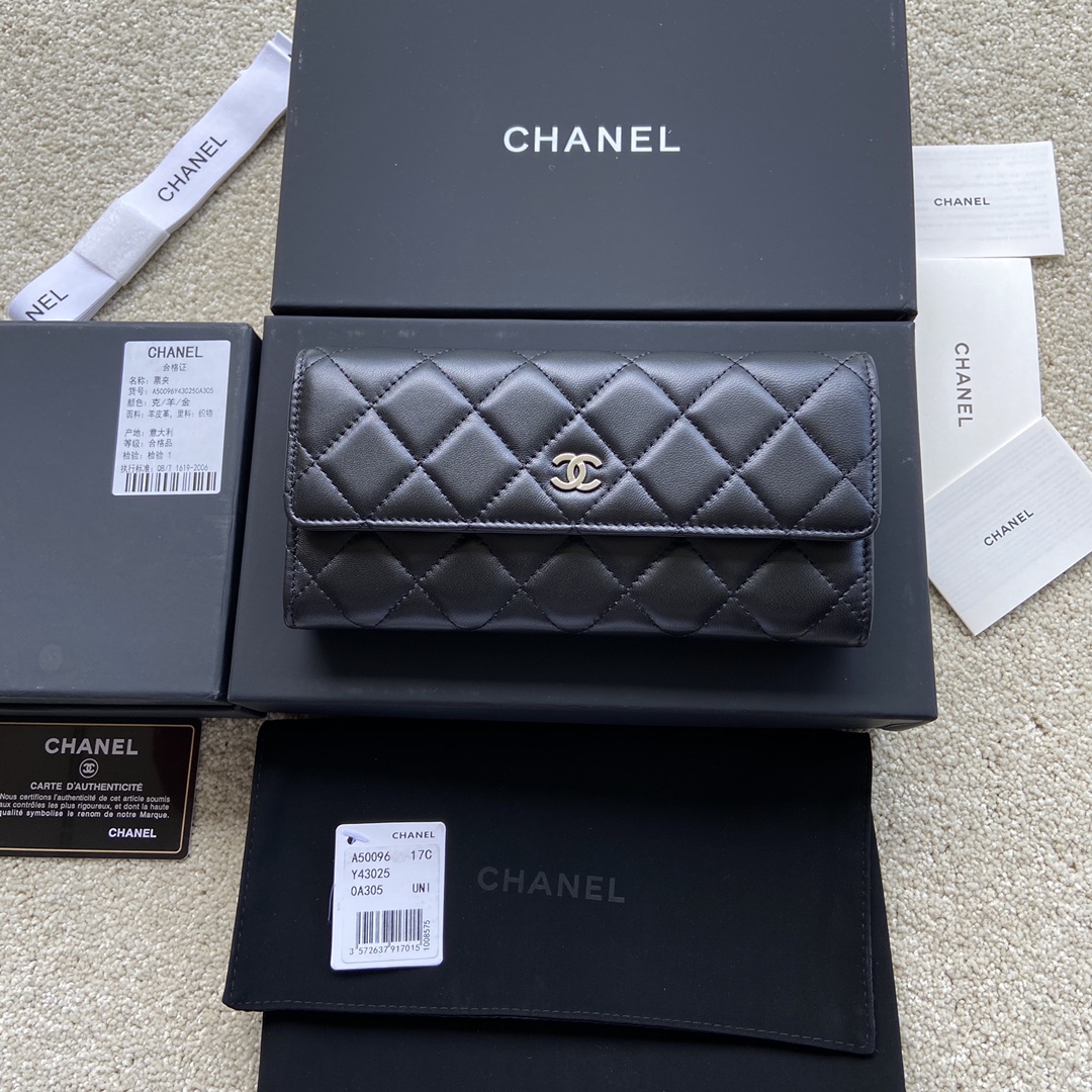 TOP CHANEL Long Folding Lambskin Wallet 19×10.5×3cm - Black & GHW/SHW