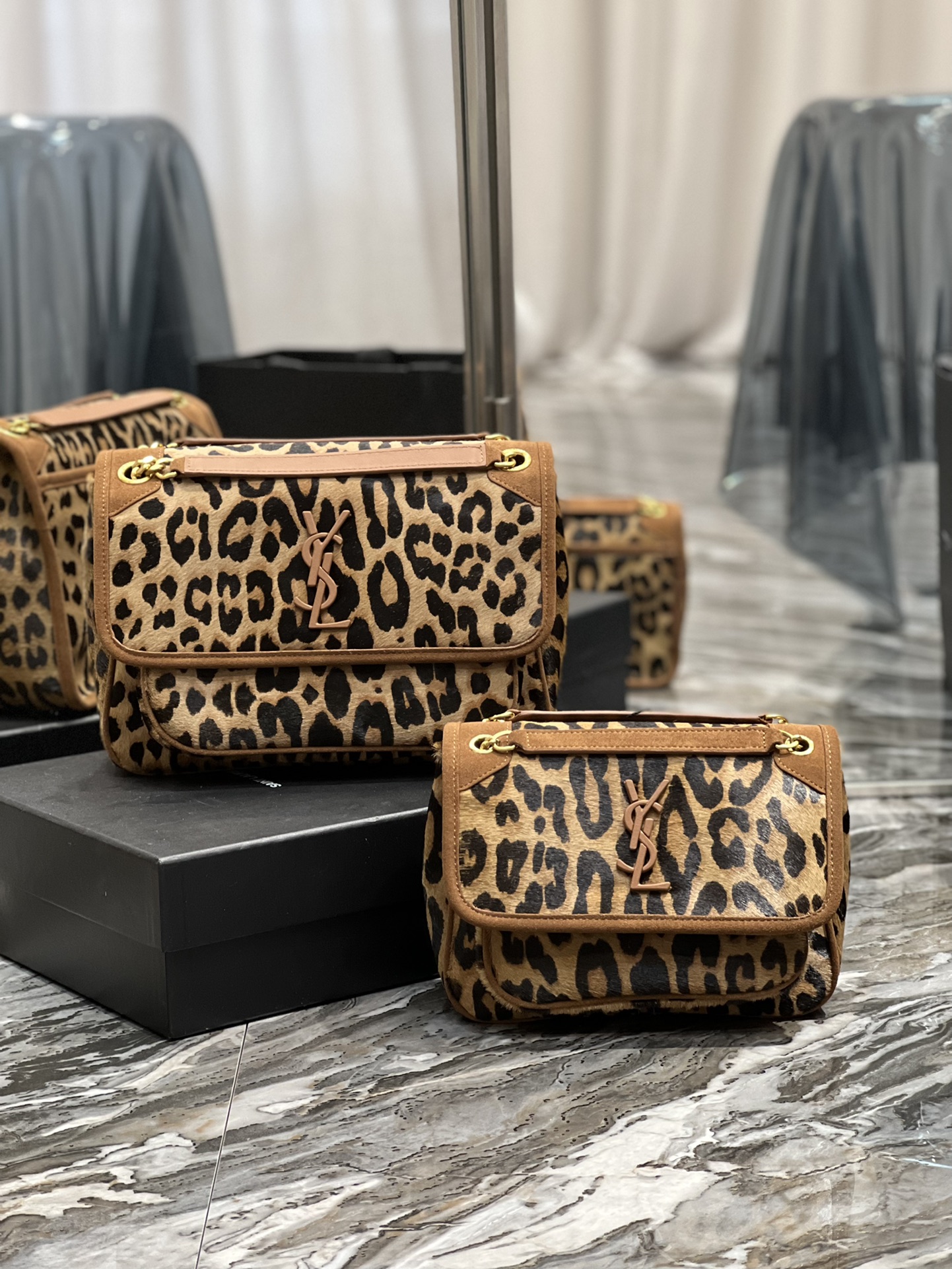 TOP Yves Saint Laurent YSL Leopard Print Series Niki Bags - Coffee Colors - 2 Size&GHW