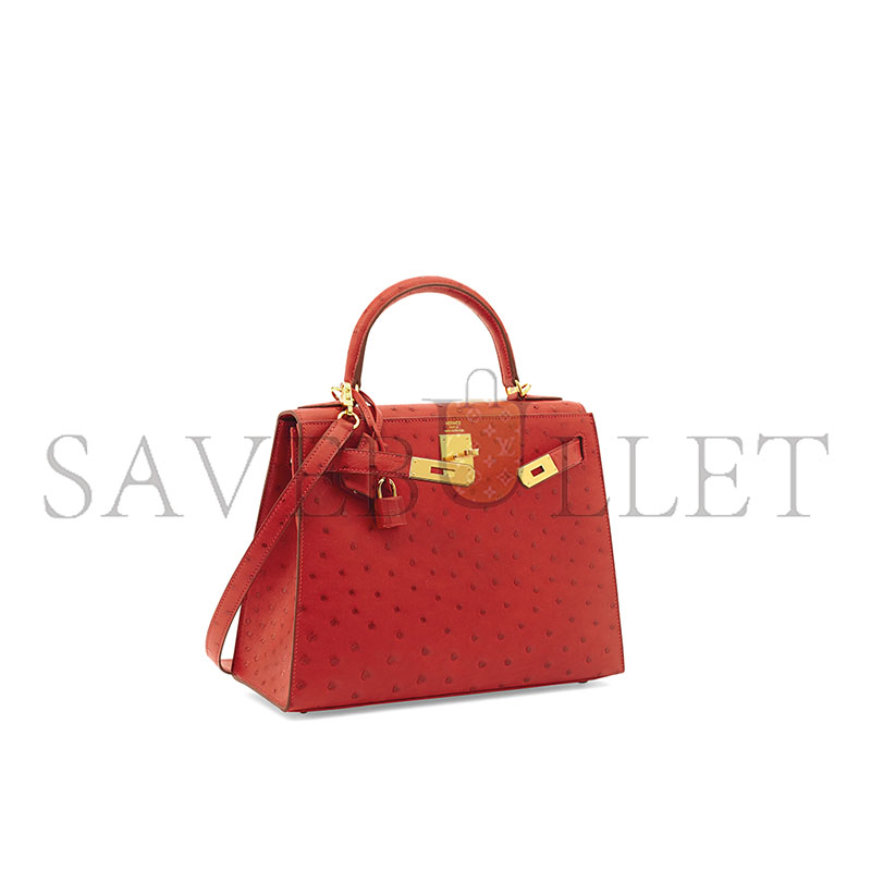 HERMÈS KELLY 25 OSTRICH SELLIER RED GOLD HARDWARE (25*17*7cm)