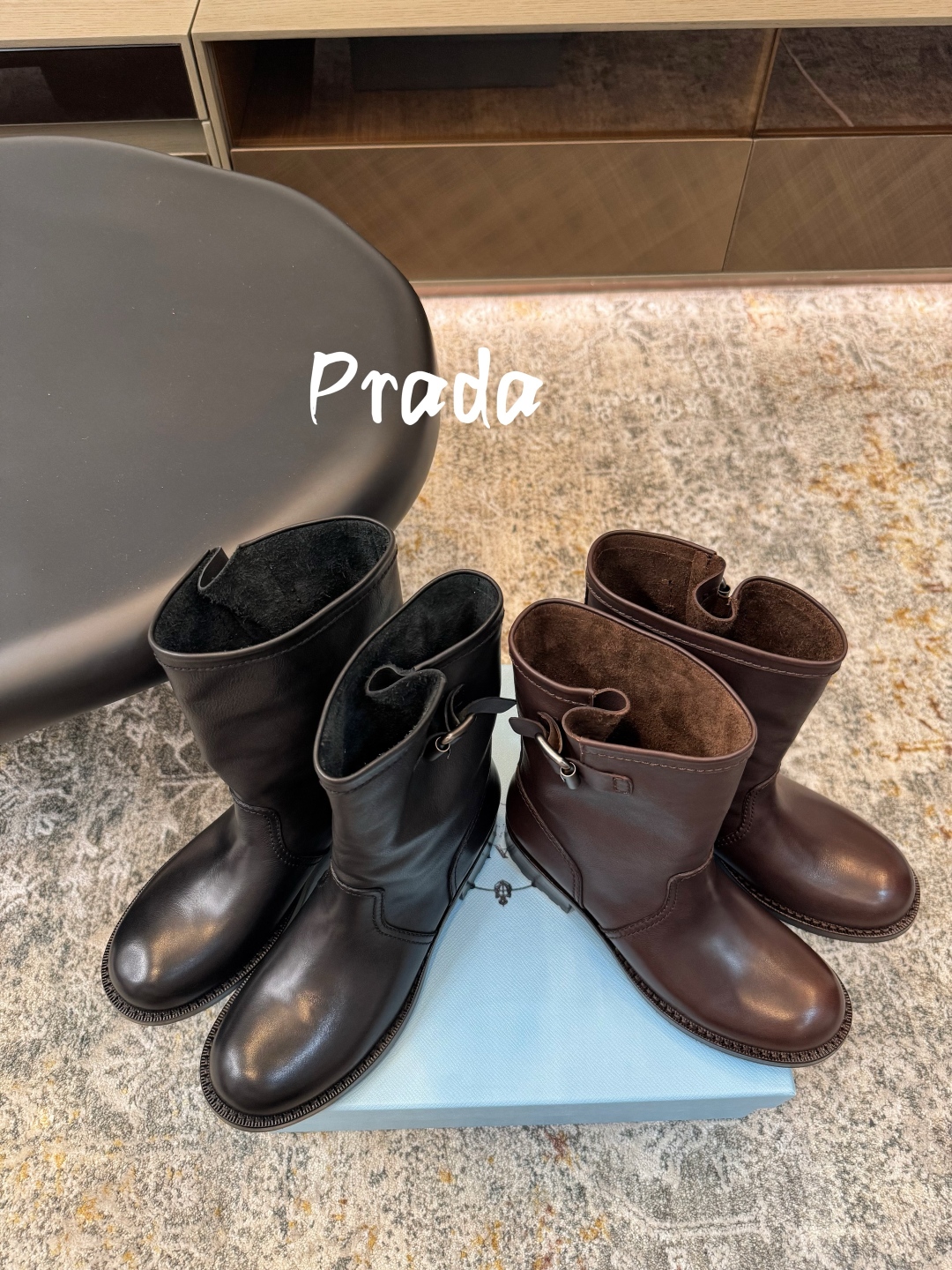 TOP PRADA Leather Short Boots 4cm Low Heels -  2 Color