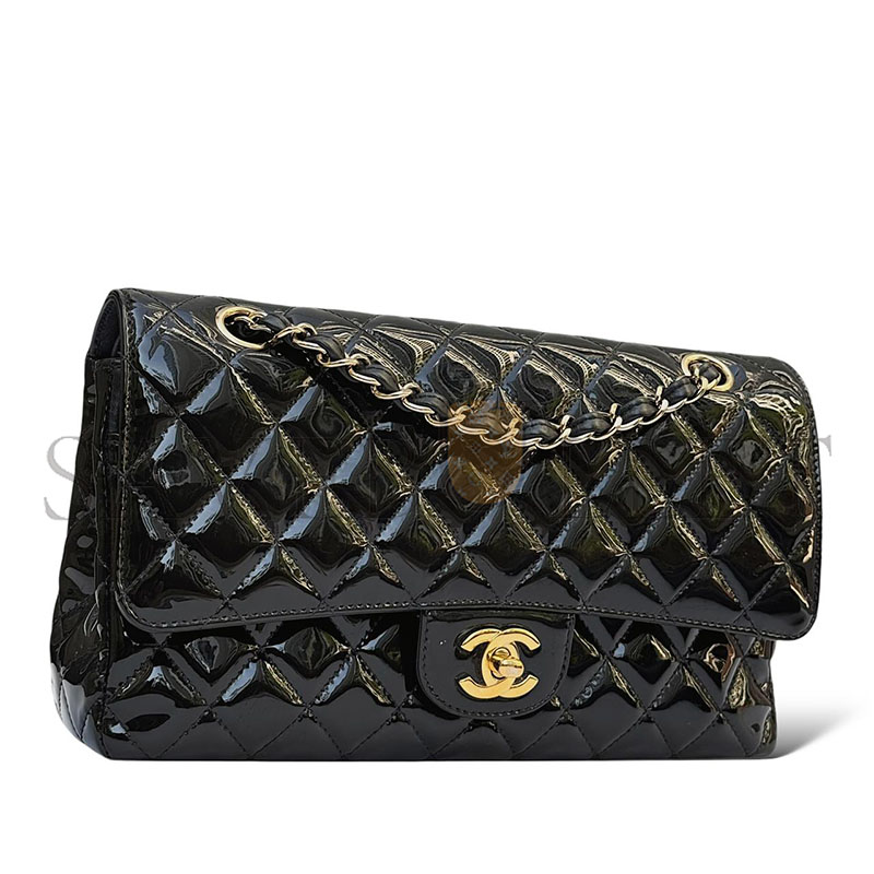 CHANEL MASTER PATENT SHINY BLACK MEDIUM CLASSIC FLAP BAG (25*15*7cm)