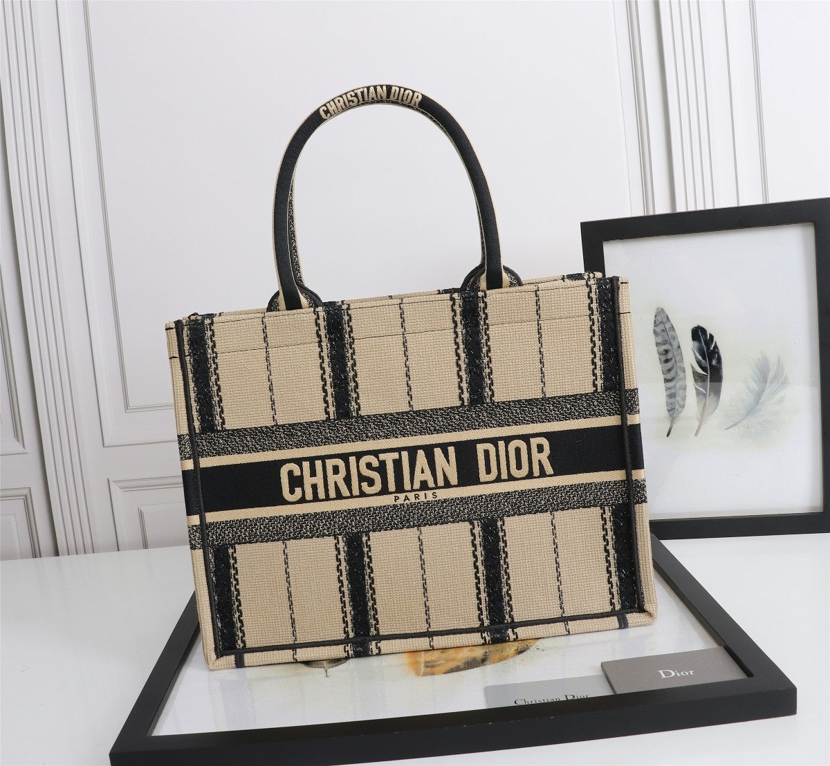 TOP Christian Dior Book Tote Bag Canvas Embroidered Bayadere Small 36cm - Black Beige