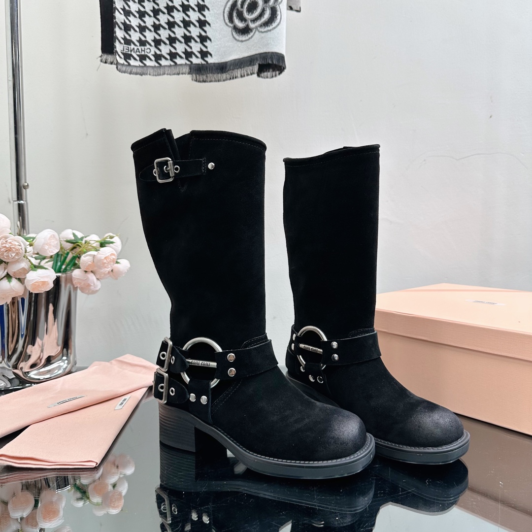 TOP Miu Miu Retro Western Catwalk Motorcycle High Boots - 3 Colors - Suede with 1 Buckle