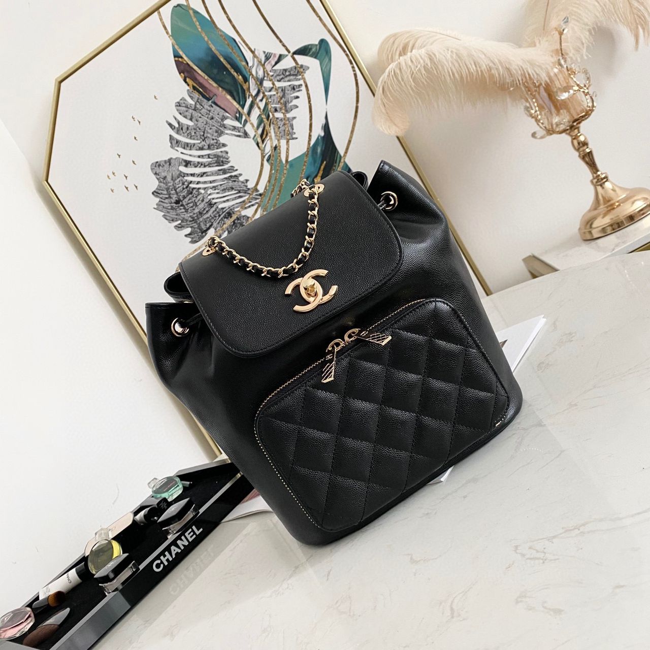 TOP CHANEL Quilted Business Affinity Backpack - Black