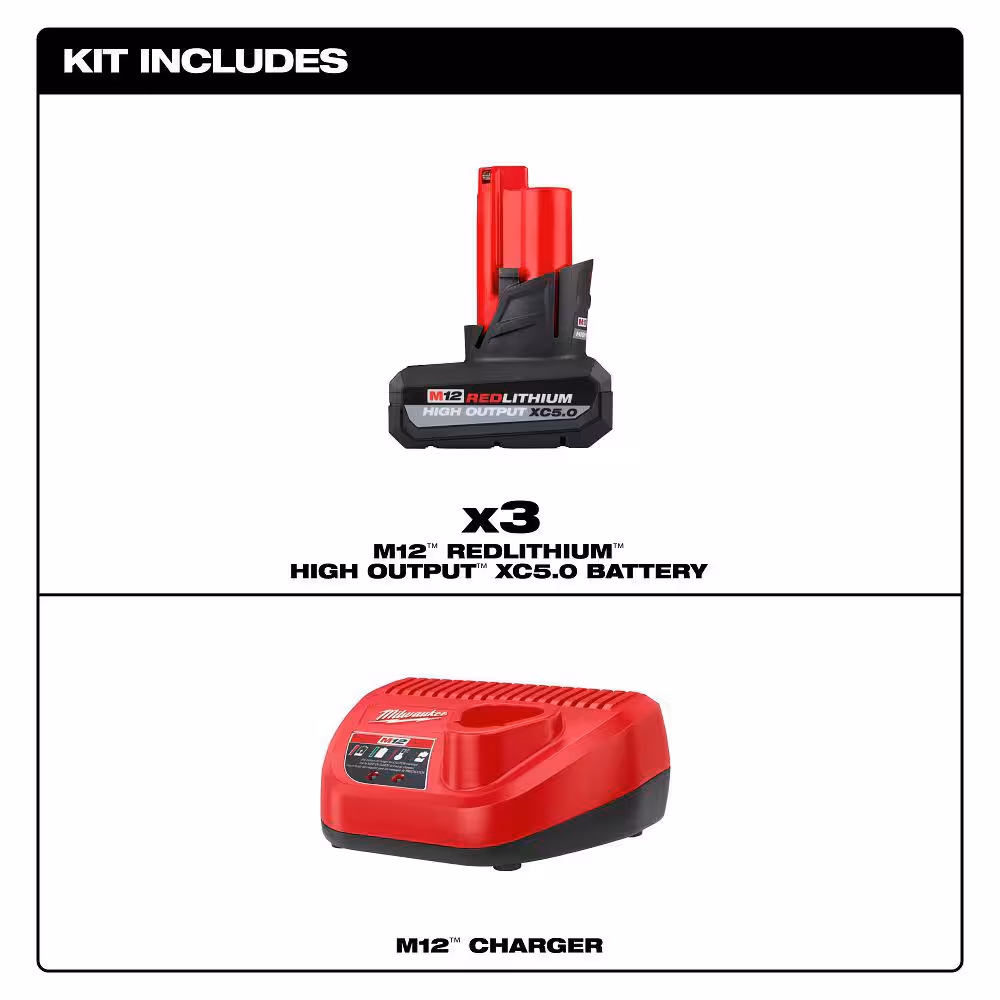 M12 12V Lithium-Ion XC High Output 5.0 Ah Battery Pack (3-Pack) with Charger