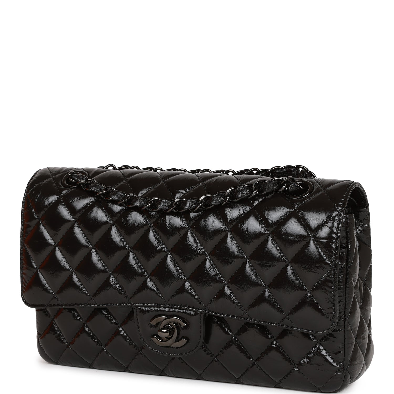 Chanel Shiny Crumpled Calfskin Quilted Medium Double Flap So Black (replica)