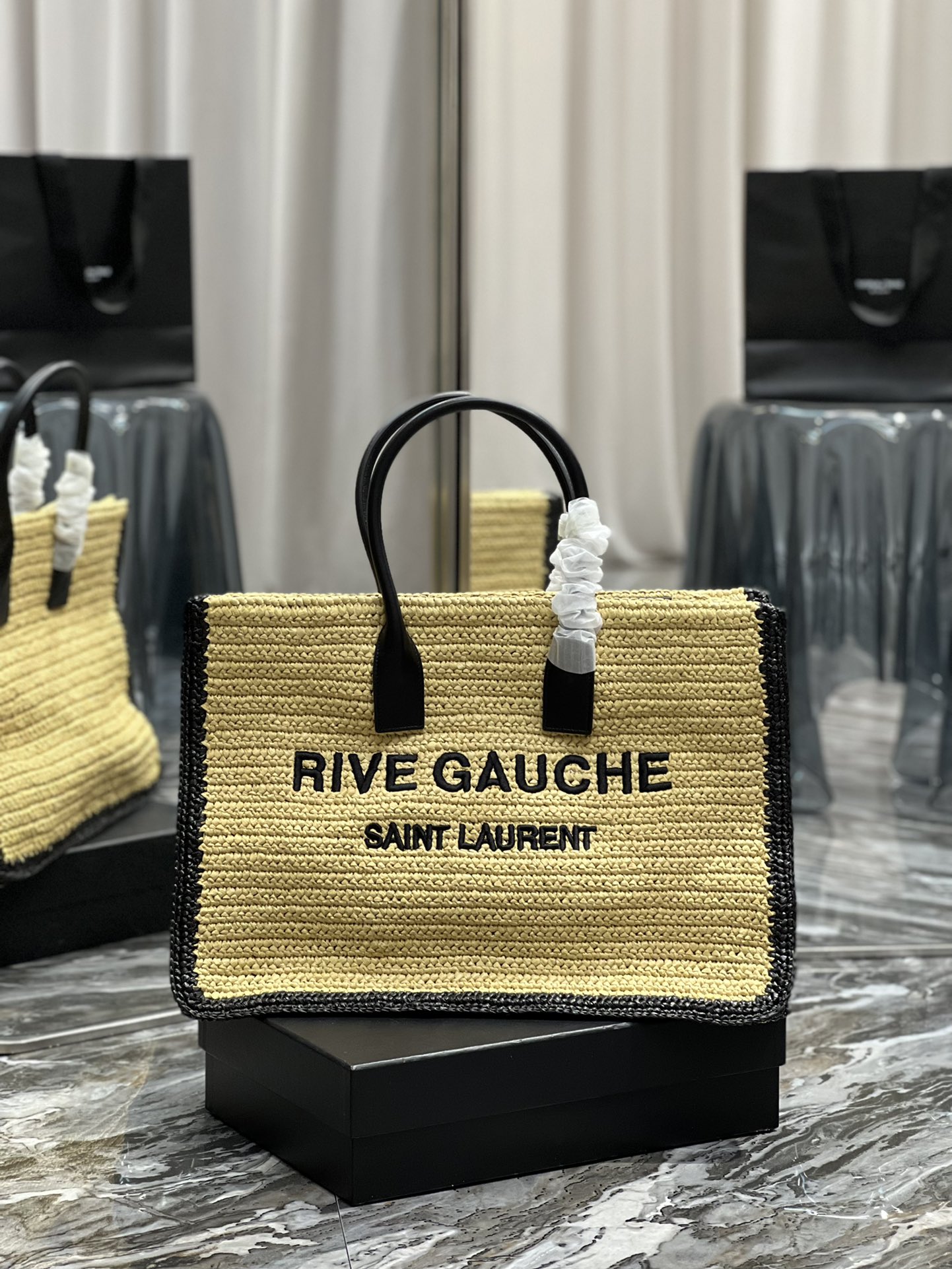 TOP Yves Saint Laurent YSL Rive Gauche Straw Tote Bag