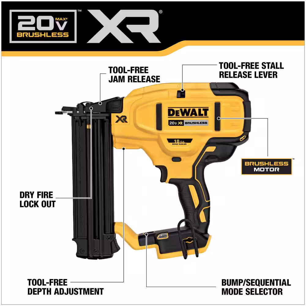 20V MAX XR Lithium-Ion Electric Cordless 18-Gauge Brad Nailer (Tool Only)