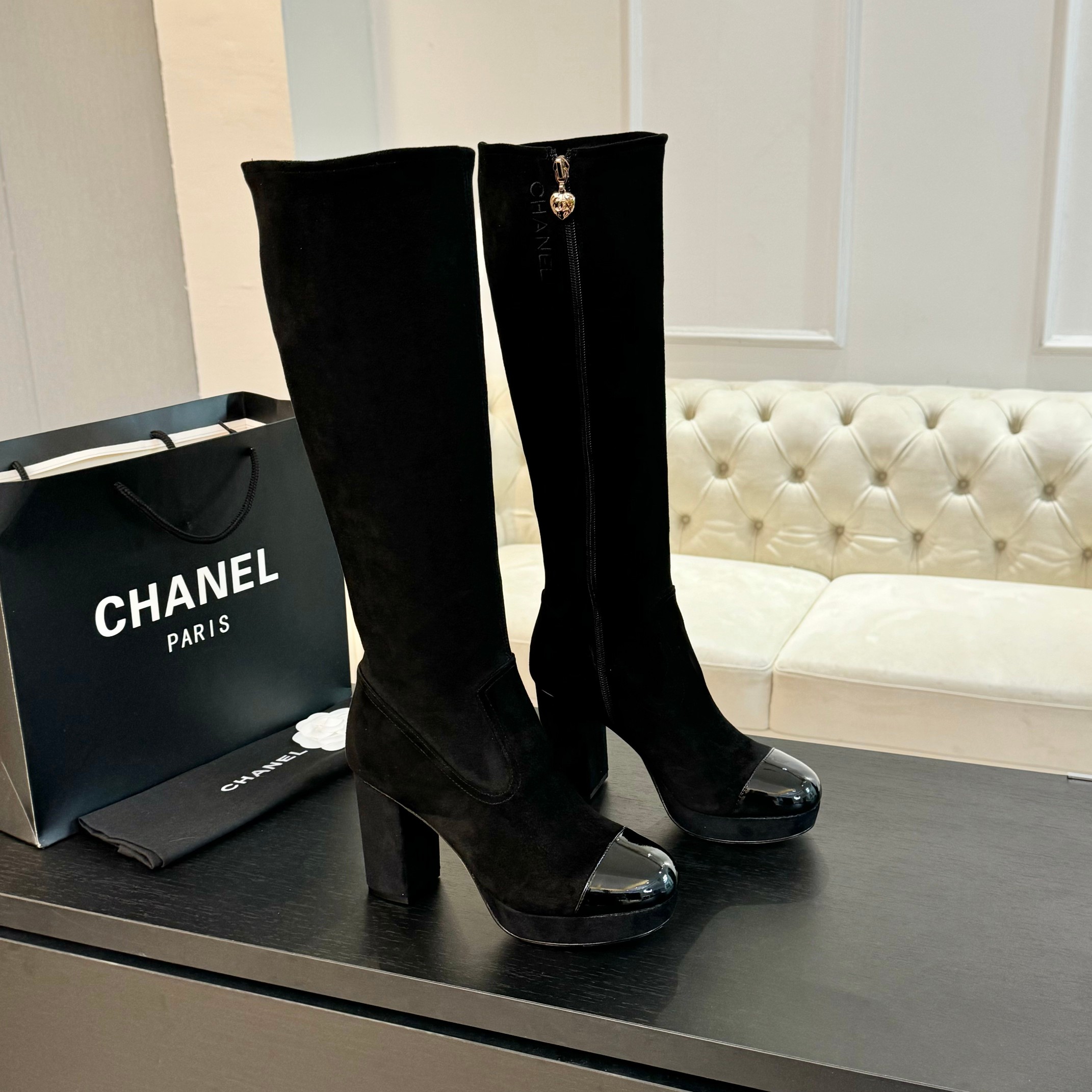 TOP CHANEL 8cm High Heel Suede Leather Stretch Boots - 2 Color