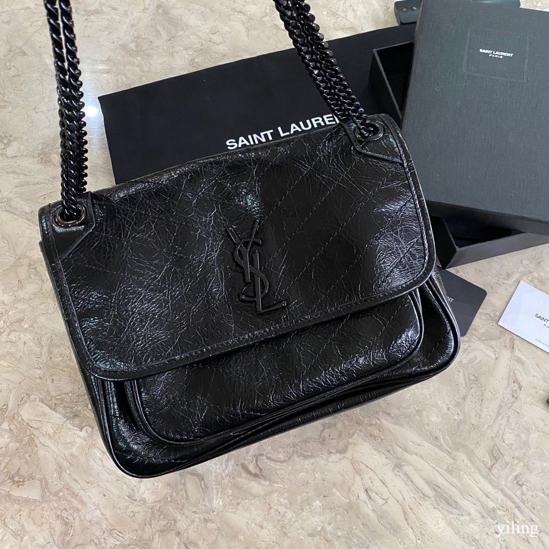 TOP Yves Saint Laurent YSL Medium Niki Wrinkles Leather Bag 28x20x8cm - Black on Black
