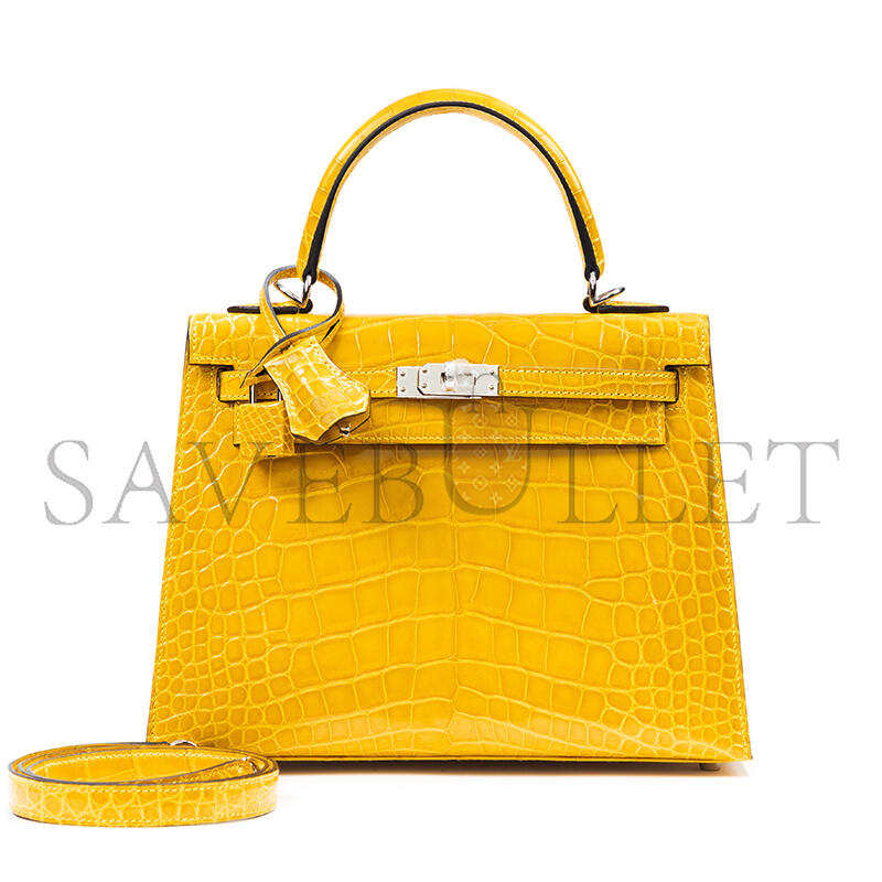 HERMÈS KELLY 25 NILE CROCODILE LEATHER AMBER YELLOW SILVER BUCKLE (25*17*7cm)