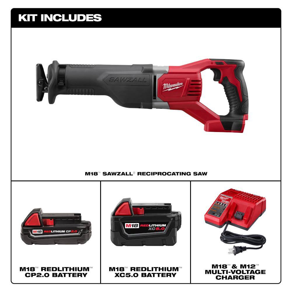 M18 18V Lithium-Ion Cordless SAWZALL Reciprocating Saw with (1) 5.0 Ah and (1) 2.0 Ah Battery and Charger