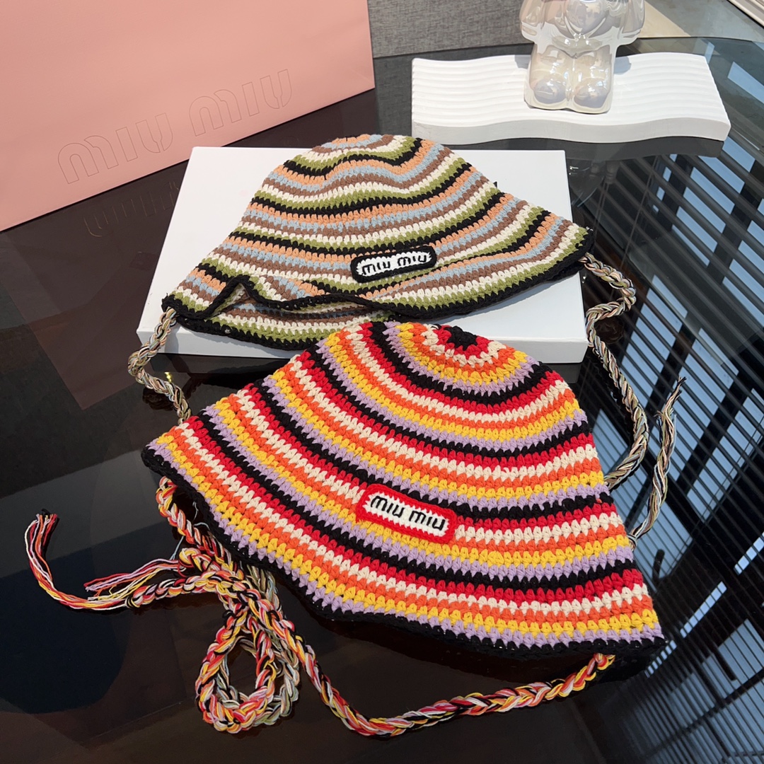 TOP Miu Miu Strappy stripe knitted fisherman hat woman autumn and winter 2color