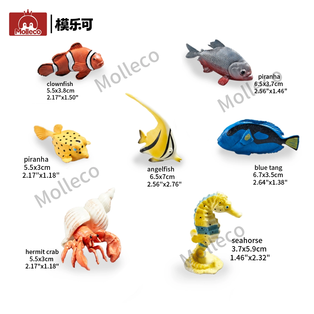 Molleco Marine Animal Figure Toys for Kids and Children Flounder+Clownfish+Hermit Crab+Piranha+Blue Fish+Kissing Fish+Seahorse CP026-1-2--3-4-5-6-7-8