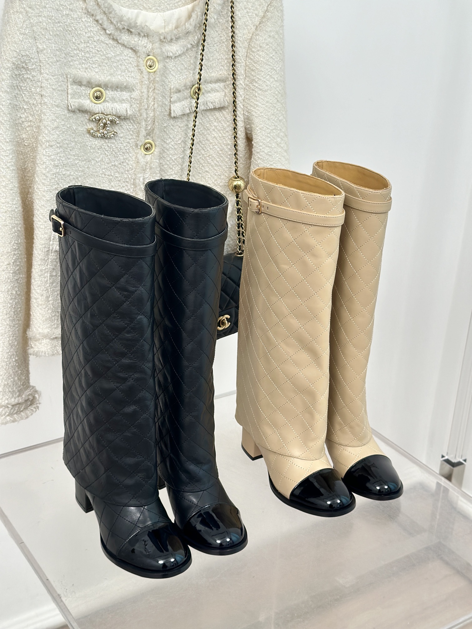 TOP CHANEL 6.5 High Heel Plaid Block Heel Trouser Boots - Black & Beige
