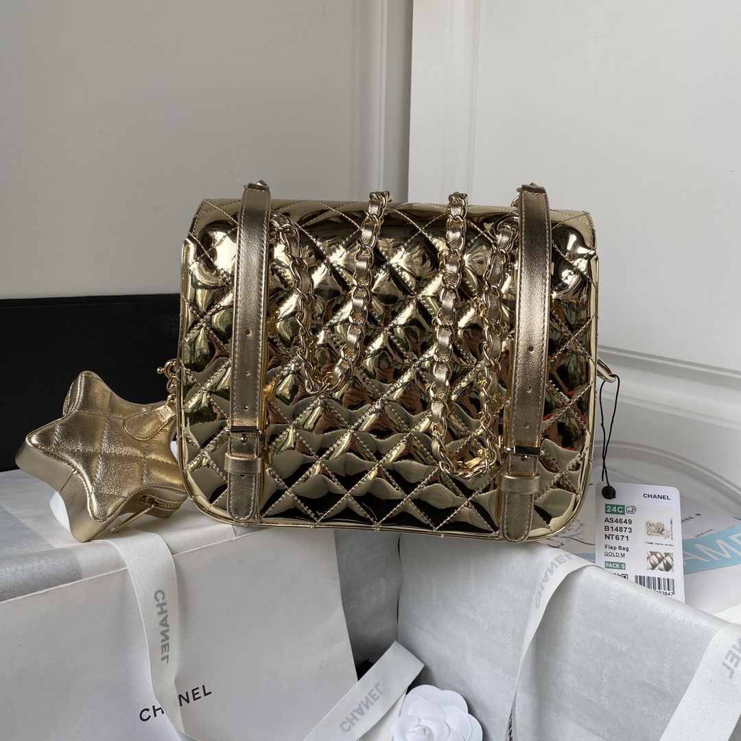 TOP CHANEL Flap Bag Shinny Backpack 18.5×23.5×8.5cm - Gold/Silver