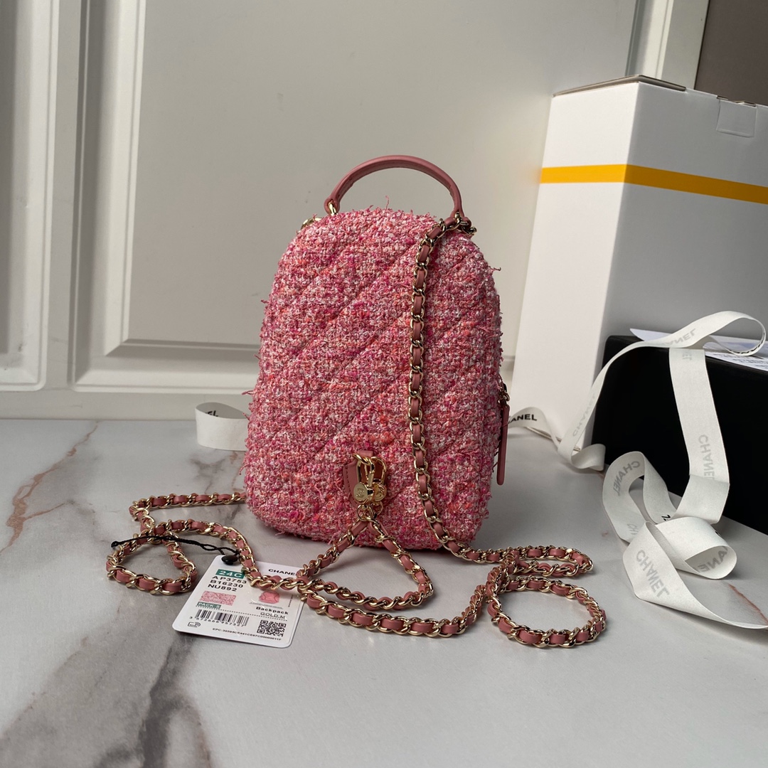 TOP CHANEL Backpack Woolen 18×13×9cm - Pink&GHW