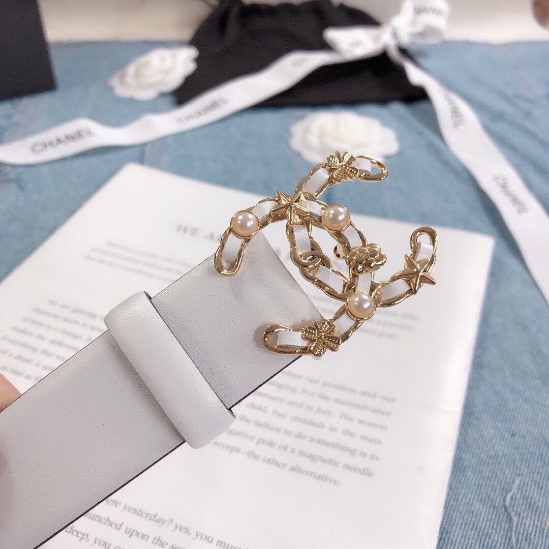 Chanel Belt With Double C Buckle White Gold Toned Hardware Women Belt 30MM