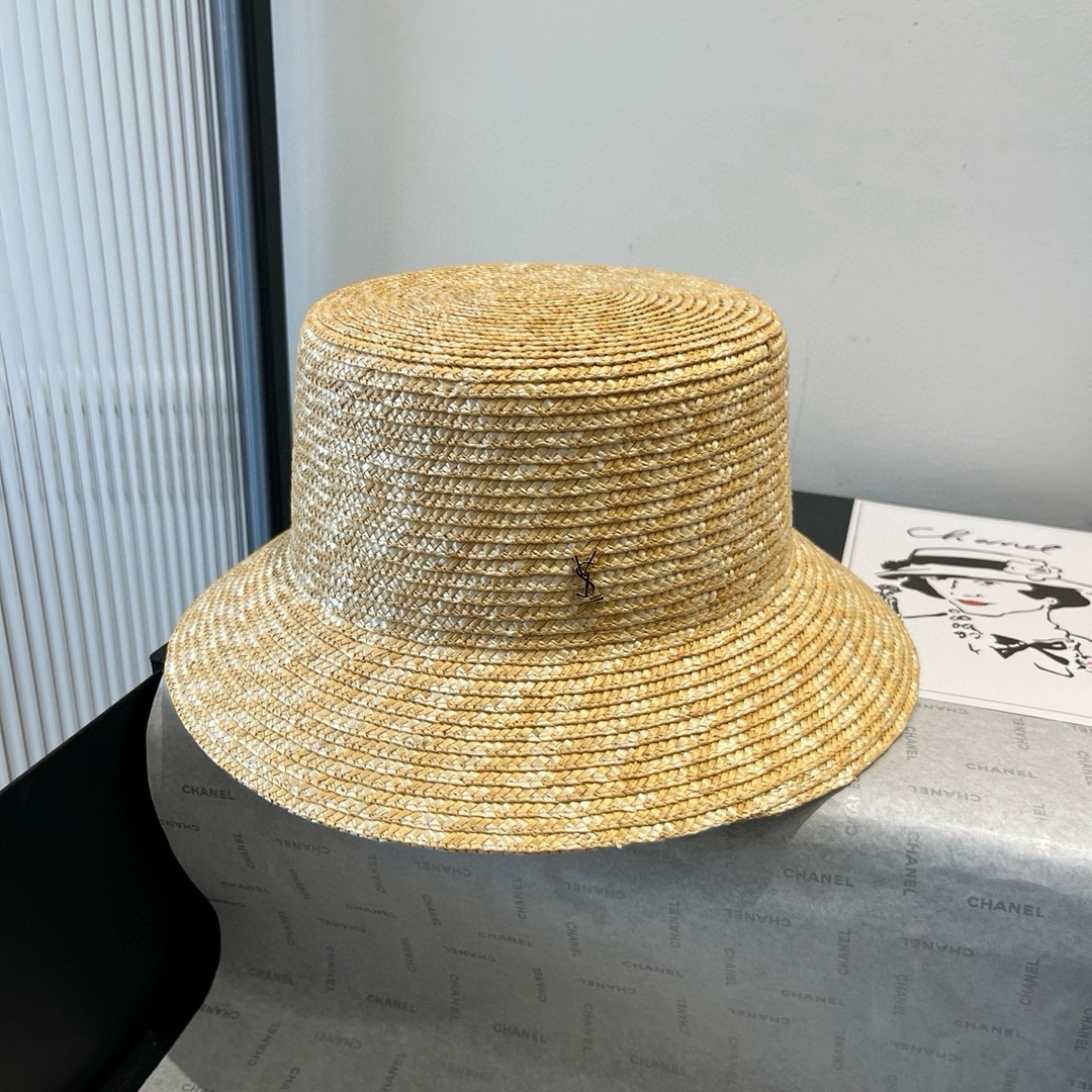 TOP Yves Saint Laurent YSL Raffia Basin Hat - Beige