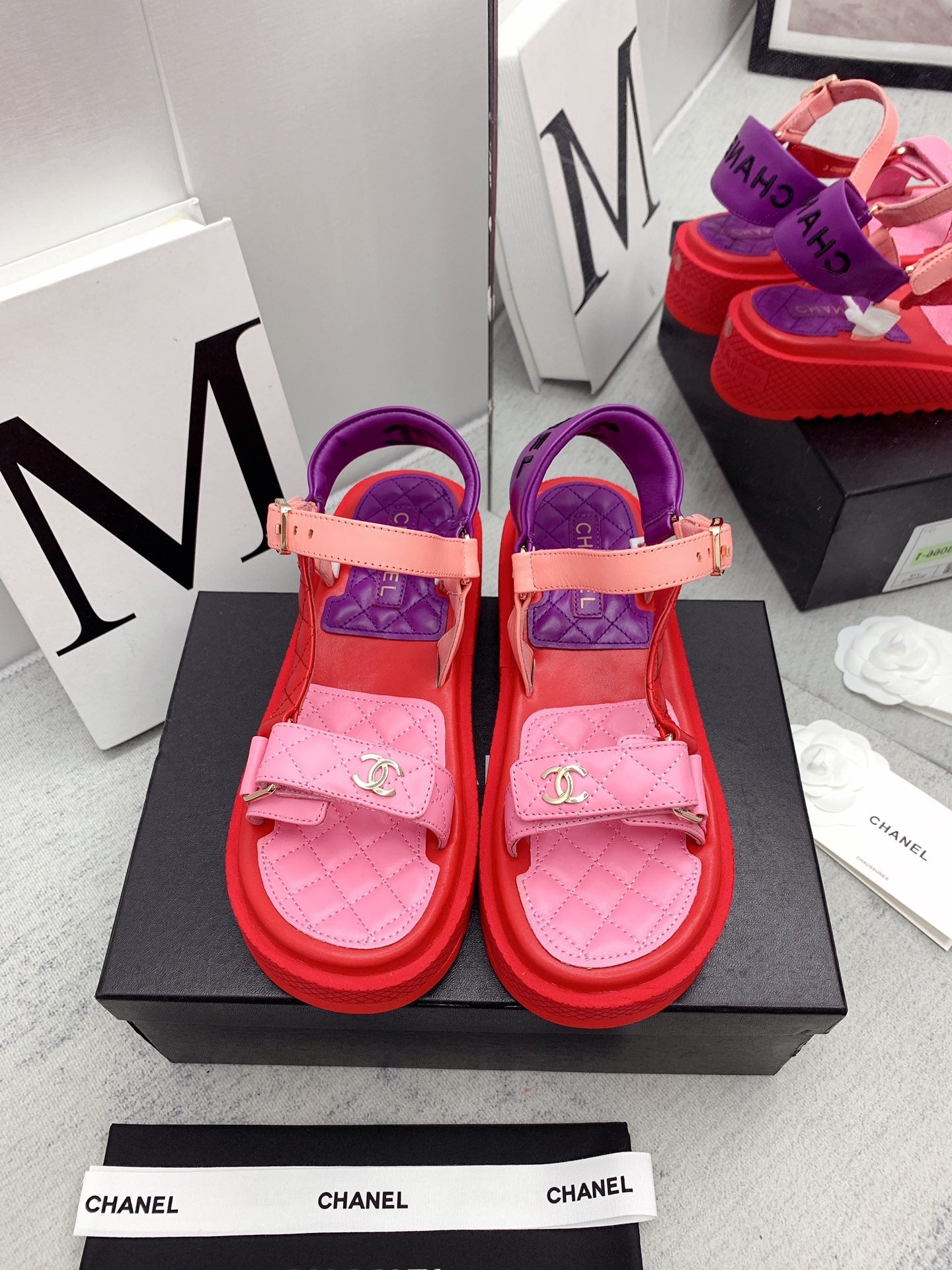 TOP CHANEL Open Toes Platform Dad Sandals - Pink/Red/Purple/Orange