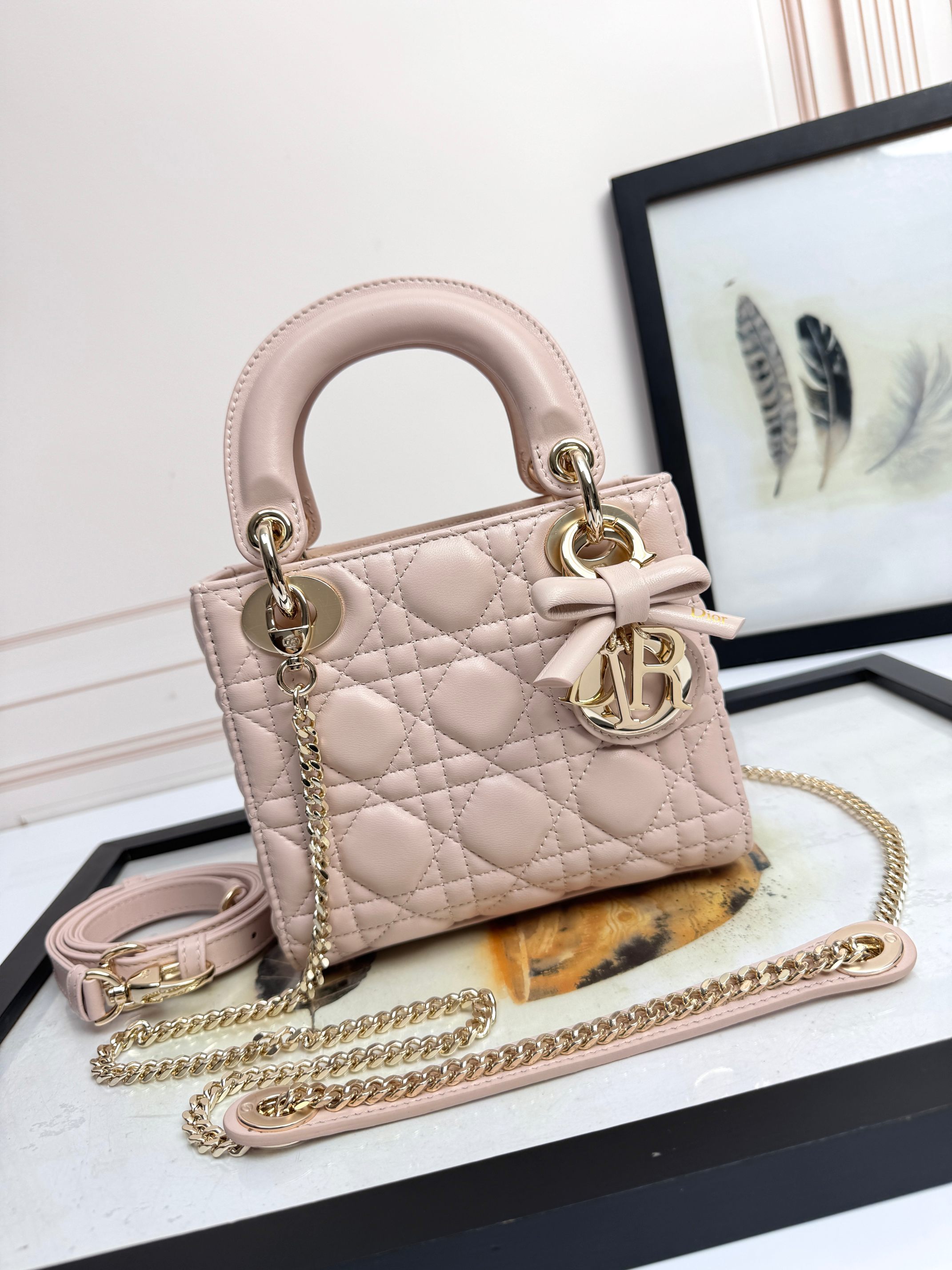 TOP Christian Dior Lady Dior Bag with Bow 17x15x7cm - Pink & GHW