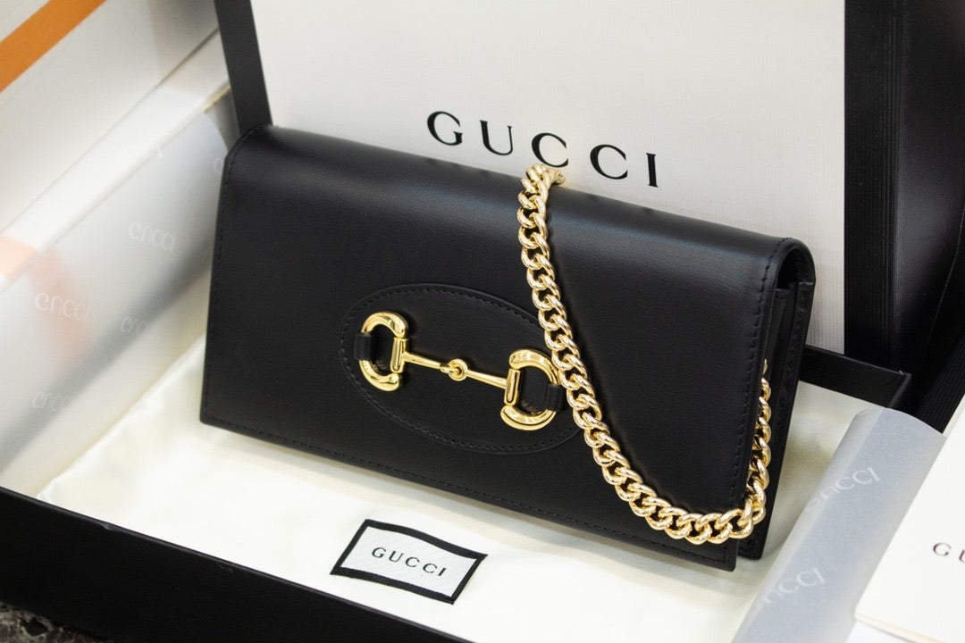 TOP GUCCI Horsebit 1955 Wallet With Chain - BLACK