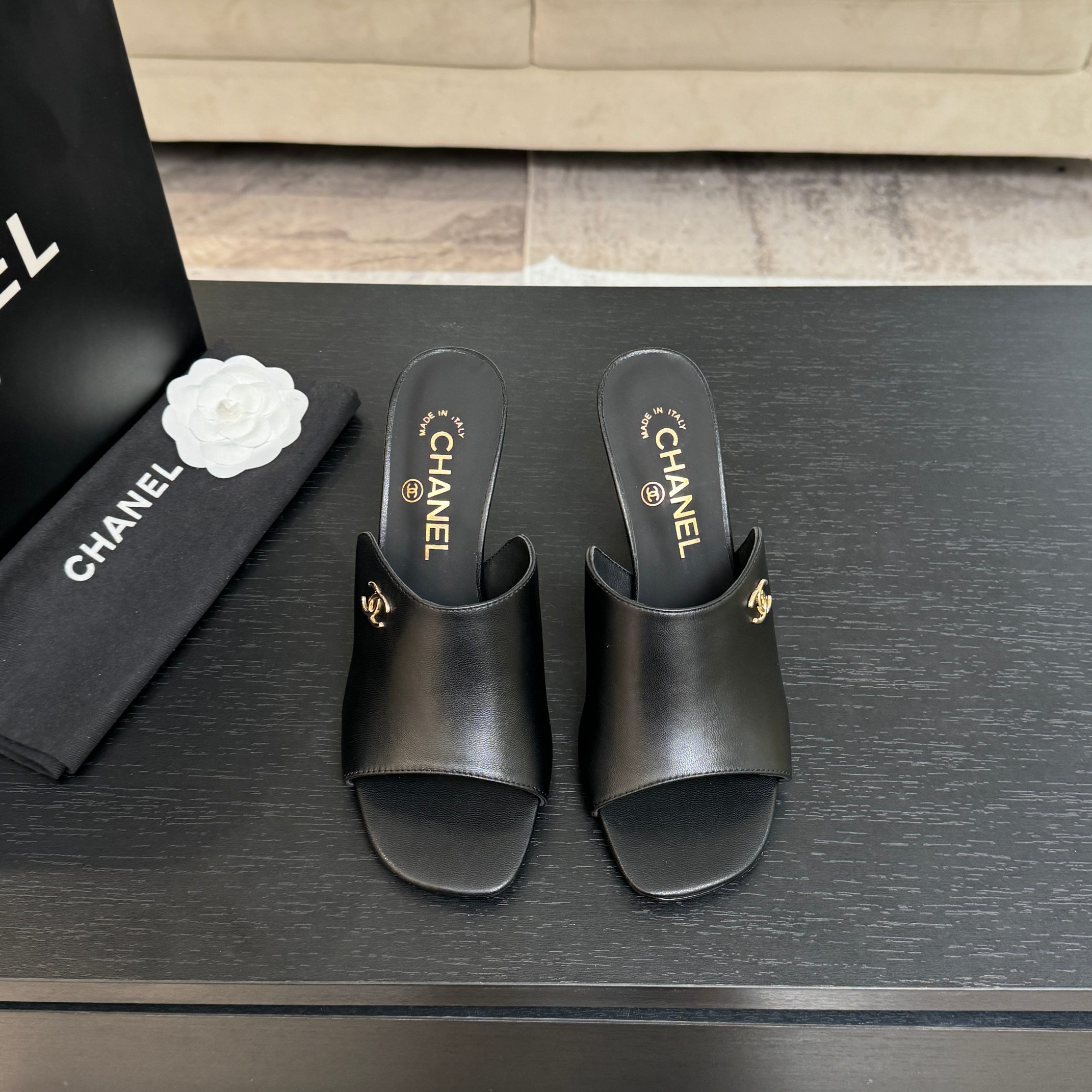 TOP CHANEL Calfskin High Heel Sliders - Black