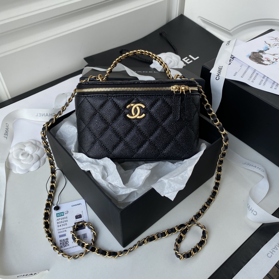 TOP CHANEL Vanity Case New Top Handle w Logo Calfskin 17*9.5*8*cm - Black
