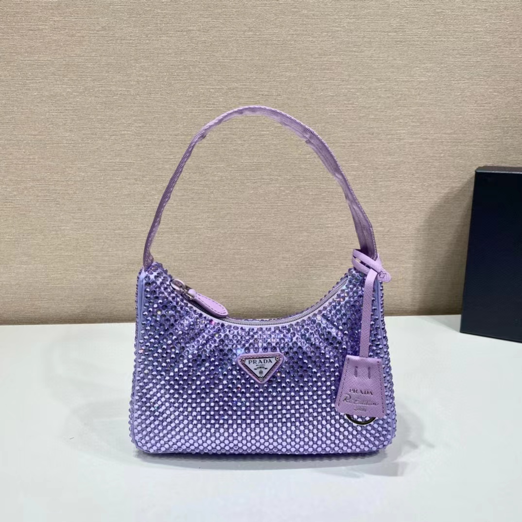 TOP PRADA Satin Crystal Mini Re-Edition 2000 Bag 23×13cm - Purple