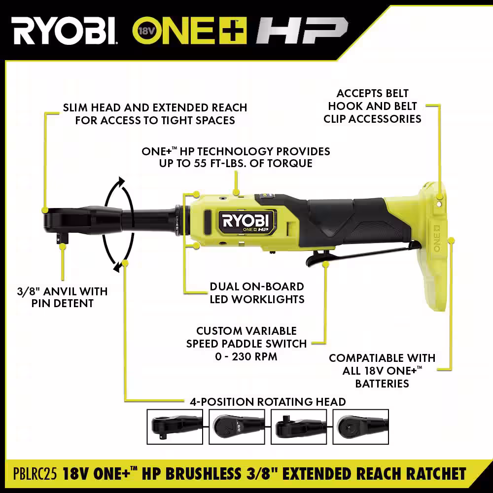 ONE+ HP 18V Brushless Cordless 1/4 in. and 3/8 in. Extended Reach Ratchets (Tools Only)